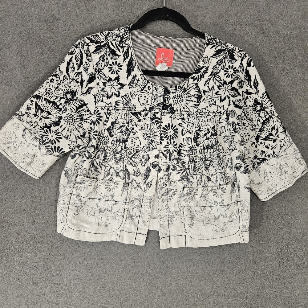 Lux Womens Large Linen Blend Jacket Black Cream Floral Boho Double Button